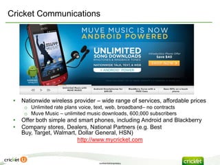 Cricket Communications




 •   Nationwide wireless provider – wide range of services, affordable prices
      o Unlimited rate plans voice, text, web, broadband– no contracts
      o Muve Music – unlimited music downloads, 600,000 subscribers
 •   Offer both simple and smart phones, including Android and Blackberry
 •   Company stores, Dealers, National Partners (e.g. Best
     Buy, Target, Walmart, Dollar General, HSN)
                          http://www.mycricket.com


                                     confidential/proprietary
 