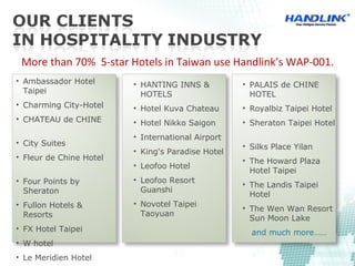 • Ambassador Hotel
Taipei
• Charming City-Hotel
• CHATEAU de CHINE
• City Suites
• Fleur de Chine Hotel
• Four Points by
Sheraton
• Fullon Hotels &
Resorts
• FX Hotel Taipei
• W hotel
• Le Meridien Hotel
• HANTING INNS &
HOTELS
• Hotel Kuva Chateau
• Hotel Nikko Saigon
• International Airport
• King's Paradise Hotel
• Leofoo Hotel
• Leofoo Resort
Guanshi
• Novotel Taipei
Taoyuan
More than 70% 5-star Hotels in Taiwan use Handlink’s WAP-001.
• PALAIS de CHINE
HOTEL
• Royalbiz Taipei Hotel
• Sheraton Taipei Hotel
• Silks Place Yilan
• The Howard Plaza
Hotel Taipei
• The Landis Taipei
Hotel
• The Wen Wan Resort
Sun Moon Lake
and much more……
 