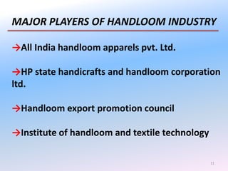 11
MAJOR PLAYERS OF HANDLOOM INDUSTRY
→All India handloom apparels pvt. Ltd.
→HP state handicrafts and handloom corporation
ltd.
→Handloom export promotion council
→Institute of handloom and textile technology
 