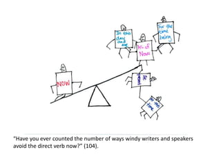 “Have you ever counted the number of ways windy writers and speakers
avoid the direct verb now?” (104).
 