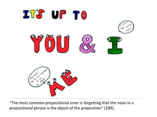 “The most common prepositional error is forgetting that the noun in a
prepositional phrase is the object of the preposition” (109).
 