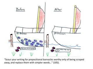 “Scour your writing for prepositional barnacles worthy only of being scraped
away, and replace them with simpler words…” (105).
 
