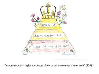 “Anytime you can replace a cluster of words with one elegant one, do it” (104).
 