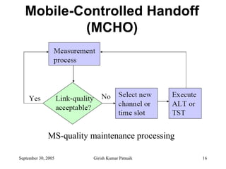 Mobile-Controlled Handoff
           (MCHO)




              MS-quality maintenance processing

September 30, 2005       Girish Kumar Patnaik     16
 