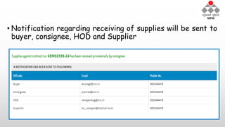 • Notification regarding receiving of supplies will be sent to
buyer, consignee, HOD and Supplier
 