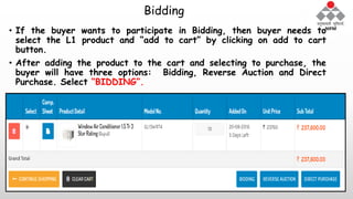Bidding
• If the buyer wants to participate in Bidding, then buyer needs to
select the L1 product and “add to cart” by clicking on add to cart
button.
• After adding the product to the cart and selecting to purchase, the
buyer will have three options: Bidding, Reverse Auction and Direct
Purchase. Select “BIDDING”.
 