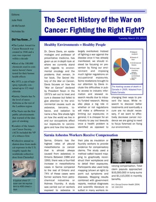 Editors:

Julie Petit                The Secret History of the War on
Jill McTavish

Nicholas So                Cancer: Fighting the Right Fight?
                                                                                                  Tuesday March 23, 2010
Did You Know…?
•The Lasker Award for      Healthy Environments = Healthy People
Cancer Research was
created in 1946 and a      Dr. Devra Davis, an epide-     largely overlooked. Instead                            D

cure was expected          miologist and professor of     of fighting a war against the
within a decade            preventative medicine, has     disease once it has already                            

                           given us an in-depth look at   manifested, we should in-
•Most of the 100,000                                                                                             
                           where we currently stand       stead be focusing on pre-
chemicals used in com-     with regards to environ-       vention by fixing our envi-                            
merce haven’t been         mental oncology and the        ronment and imposing
tested for their human     problems that remain. In       much tighter regulations on
health effects             her book, The Secret His-      occupational exposures.
                                                                                                                 K
•In 1973, a can of hair-   tory of the War on Cancer,     Some revelations brought to
spray typically con-       Davis focuses on how the       our attention by Davis in-
                                                          clude the difficulties in pub-   The leading causes of death in
tained up to 1/2 vinyl     “War on Cancer” declared
                                                                                           Canada in 2005. Adapted from
chloride                   by President Nixon in the      lic access to industry infor-
                                                                                           Stats Canada.
                           1970’s set out to treat and    mation and skewed re-
•Sarnia, Ontario has 5x    cure a disease but failed to   search results due to indus-     changing their ways to pre-
the level of meso-         give attention to the envi-    try funded research. Money       vent the issue. While re-
thelioma as the rest of    ronmental causes such as       also plays a big role in         search to discover better
the Lambton region         asbestos, benzene, to-         whether or not regulations       treatments and eventually a
•The Nazis ran the first   bacco, and radiation to        will make a difference in        cure are no doubt neces-
public advertisements      name a few. She sheds light    limiting our exposures; in       sary, if we want to effec-
that warned of the dan-    on how the world we live in    general, it is cheaper for an    tively decrease cancer inci-
gers of smoking            and our occupations affect     industry to pay out lawsuits     dence we are going to need
                           our exposures to carcino-      once a health problem is         to focus foremost on fixing
•Leaders of the Ameri-     gens and how this has been     identified as opposed to         our environment.
can Cancer Society
(ACS) included the VP
of a tobacco firm          Sarnia Asbestos Workers Receive Compensation
•Collective annual ra-     Sarnia, Ontario has the        their jobs as insulation or
diation dose from medi-    highest rates of pleural       foundry workers to provide
cal exposure in the U.S.   mesothelioma (a cancer         evidence for compensatory
roughly equals the         that is almost always          claims. The study used a
worldwide collective       caused from asbestos) in       method called hazard map-
dose from Chernobyl        Ontario. Between 1986 and      ping to graphically recon-
                           1993, there was a four-fold    struct their workplaces and
                           increase in mesothelioma       to detail their exposures.
                           cases in Sarnia compared       Participants also used body      ceiving compensation. Total
                           to the rest of Ontario and     mapping (shown at right) to      claim payouts approached
                           74% of these cases were        point out symptoms and           $16,000,000 in lump sums
                           former workers from petro-     diseases. Mapping results        and $1,115,000 in monthly
 A typical chest CT        chemical industries or         combined with government         benefits.
 scan can be equiva-       Holmes Foundry. A study        reports, medical diagnoses       Int J Occup Environ Health 2004,
 lent to 400 chest x-      was carried out on workers     and scientific literature re-    10: 144-153
 rays                      exposed to asbestos in         sulted in many workers re-
 