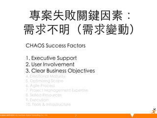 專案失敗關鍵因素：
需求不明（需求變動）	
CHAOS Success Factors	
	
1. Executive Support	
2. User Involvement	
3. Clear Business Objectives	
4. Emotional Maturity	
5. Optimizing Scope	
6. Agile Process	
7. Project Management Expertise	
8. Skilled Resources	
9. Execution	
10. Tools  Infrastructure	
悠識數位顧問有限公司 UserXper Digital Consulting Co., Ltd.
	

7

 