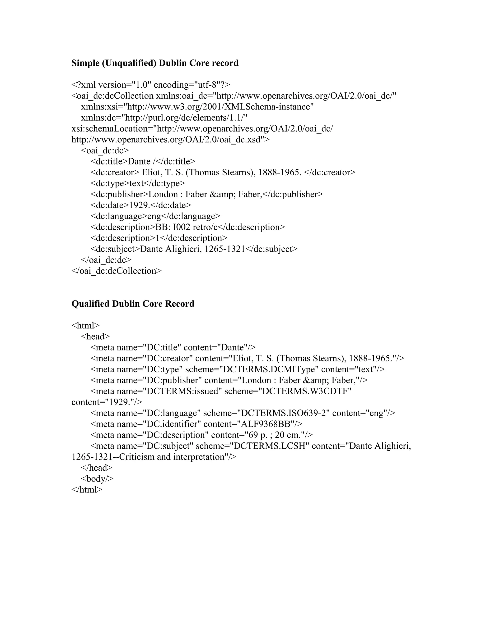 Simple (Unqualified) Dublin Core record
<?xml version="1.0" encoding="utf-8"?>
<oai_dc:dcCollection xmlns:oai_dc="http://www.openarchives.org/OAI/2.0/oai_dc/"
xmlns:xsi="http://www.w3.org/2001/XMLSchema-instance"
xmlns:dc="http://purl.org/dc/elements/1.1/"
xsi:schemaLocation="http://www.openarchives.org/OAI/2.0/oai_dc/
http://www.openarchives.org/OAI/2.0/oai_dc.xsd">
<oai_dc:dc>
<dc:title>Dante /</dc:title>
<dc:creator> Eliot, T. S. (Thomas Stearns), 1888-1965. </dc:creator>
<dc:type>text</dc:type>
<dc:publisher>London : Faber &amp; Faber,</dc:publisher>
<dc:date>1929.</dc:date>
<dc:language>eng</dc:language>
<dc:description>BB: I002 retro/c</dc:description>
<dc:description>1</dc:description>
<dc:subject>Dante Alighieri, 1265-1321</dc:subject>
</oai_dc:dc>
</oai_dc:dcCollection>
Qualified Dublin Core Record
<html>
<head>
<meta name="DC:title" content="Dante"/>
<meta name="DC:creator" content="Eliot, T. S. (Thomas Stearns), 1888-1965."/>
<meta name="DC:type" scheme="DCTERMS.DCMIType" content="text"/>
<meta name="DC:publisher" content="London : Faber &amp; Faber,"/>
<meta name="DCTERMS:issued" scheme="DCTERMS.W3CDTF"
content="1929."/>
<meta name="DC:language" scheme="DCTERMS.ISO639-2" content="eng"/>
<meta name="DC.identifier" content="ALF9368BB"/>
<meta name="DC:description" content="69 p. ; 20 cm."/>
<meta name="DC:subject" scheme="DCTERMS.LCSH" content="Dante Alighieri,
1265-1321--Criticism and interpretation"/>
</head>
<body/>
</html>
 