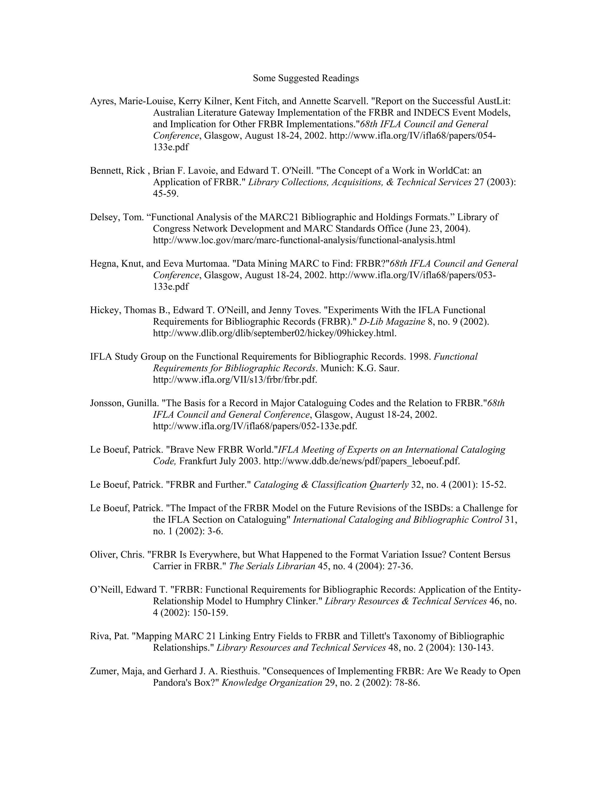 Some Suggested Readings
Ayres, Marie-Louise, Kerry Kilner, Kent Fitch, and Annette Scarvell. "Report on the Successful AustLit:
Australian Literature Gateway Implementation of the FRBR and INDECS Event Models,
and Implication for Other FRBR Implementations."68th IFLA Council and General
Conference, Glasgow, August 18-24, 2002. http://www.ifla.org/IV/ifla68/papers/054-
133e.pdf
Bennett, Rick , Brian F. Lavoie, and Edward T. O'Neill. "The Concept of a Work in WorldCat: an
Application of FRBR." Library Collections, Acquisitions, & Technical Services 27 (2003):
45-59.
Delsey, Tom. “Functional Analysis of the MARC21 Bibliographic and Holdings Formats.” Library of
Congress Network Development and MARC Standards Office (June 23, 2004).
http://www.loc.gov/marc/marc-functional-analysis/functional-analysis.html
Hegna, Knut, and Eeva Murtomaa. "Data Mining MARC to Find: FRBR?"68th IFLA Council and General
Conference, Glasgow, August 18-24, 2002. http://www.ifla.org/IV/ifla68/papers/053-
133e.pdf
Hickey, Thomas B., Edward T. O'Neill, and Jenny Toves. "Experiments With the IFLA Functional
Requirements for Bibliographic Records (FRBR)." D-Lib Magazine 8, no. 9 (2002).
http://www.dlib.org/dlib/september02/hickey/09hickey.html.
IFLA Study Group on the Functional Requirements for Bibliographic Records. 1998. Functional
Requirements for Bibliographic Records. Munich: K.G. Saur.
http://www.ifla.org/VII/s13/frbr/frbr.pdf.
Jonsson, Gunilla. "The Basis for a Record in Major Cataloguing Codes and the Relation to FRBR."68th
IFLA Council and General Conference, Glasgow, August 18-24, 2002.
http://www.ifla.org/IV/ifla68/papers/052-133e.pdf.
Le Boeuf, Patrick. "Brave New FRBR World."IFLA Meeting of Experts on an International Cataloging
Code, Frankfurt July 2003. http://www.ddb.de/news/pdf/papers_leboeuf.pdf.
Le Boeuf, Patrick. "FRBR and Further." Cataloging & Classification Quarterly 32, no. 4 (2001): 15-52.
Le Boeuf, Patrick. "The Impact of the FRBR Model on the Future Revisions of the ISBDs: a Challenge for
the IFLA Section on Cataloguing" International Cataloging and Bibliographic Control 31,
no. 1 (2002): 3-6.
Oliver, Chris. "FRBR Is Everywhere, but What Happened to the Format Variation Issue? Content Bersus
Carrier in FRBR." The Serials Librarian 45, no. 4 (2004): 27-36.
O’Neill, Edward T. "FRBR: Functional Requirements for Bibliographic Records: Application of the Entity-
Relationship Model to Humphry Clinker." Library Resources & Technical Services 46, no.
4 (2002): 150-159.
Riva, Pat. "Mapping MARC 21 Linking Entry Fields to FRBR and Tillett's Taxonomy of Bibliographic
Relationships." Library Resources and Technical Services 48, no. 2 (2004): 130-143.
Zumer, Maja, and Gerhard J. A. Riesthuis. "Consequences of Implementing FRBR: Are We Ready to Open
Pandora's Box?" Knowledge Organization 29, no. 2 (2002): 78-86.
 