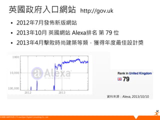 悠識數位顧問有限公司 UserXper Digital Consulting Co., Ltd.
英國政府入口網站 http://gov.uk
• 2012年7月發佈新版網站
• 2013年10月 英國網站 Alexa排名 第 79 位
• 2013年4月擊敗時尚建築等類，獲得年度最佳設計獎
資料來源：Alexa, 2013/10/10
 