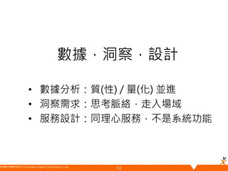 悠識數位顧問有限公司 UserXper Digital Consulting Co., Ltd.
數據，洞察，設計
• 數據分析：質(性) / 量(化) 並進
• 洞察需求：思考脈絡，走入場域
• 服務設計：同理心服務，不是系統功能
51
 