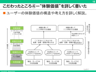 Copyright © Masaya Ando
18
こだわったところ④ー“体験価値”を詳しく書いた
n ユーザーの体験価値の構造や考え方を詳しく解説。
（p.61）
 