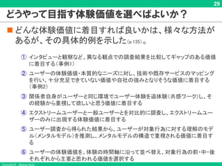 Copyright © Masaya Ando
29
どうやって目指す体験価値を選べばよいか？
n どんな体験価値に着目すれば良いかは、様々な方法が
あるが、その具体的例を示した（p.135）。
① インタビューと観察など、異なる観点での調査結果を比較してギャップのある価値
に着目する（事例1）
② ユーザーの体験価値・本質的なニーズに対し、技術や既存サービスのマッピング
を行い、十分充足できていない価値や自社の強みとなりそうな価値に着目する
（事例2）
③ 関係者自身がユーザーと同じ環境でユーザー体験を追体験（共感ワーク）し、そ
の経験から重視して欲しいと思う価値に着目する
④ エクストリームユーザーと一般ユーザーとを対比的に調査し、エクストリームユー
ザーのみに出現する体験価値に着目する
⑤ ユーザー調査から得られた結果から、ユーザーが対象行為に対する理解のモデ
ル（メンタルモデル）を推測し、メンタルモデルの構造で重視される価値に着目す
る
⑥ ユーザーの体験価値を、体験の時間軸に沿って並べ替え、対象行為の前・中・後
それぞれから主要と思われる価値を選択する
 