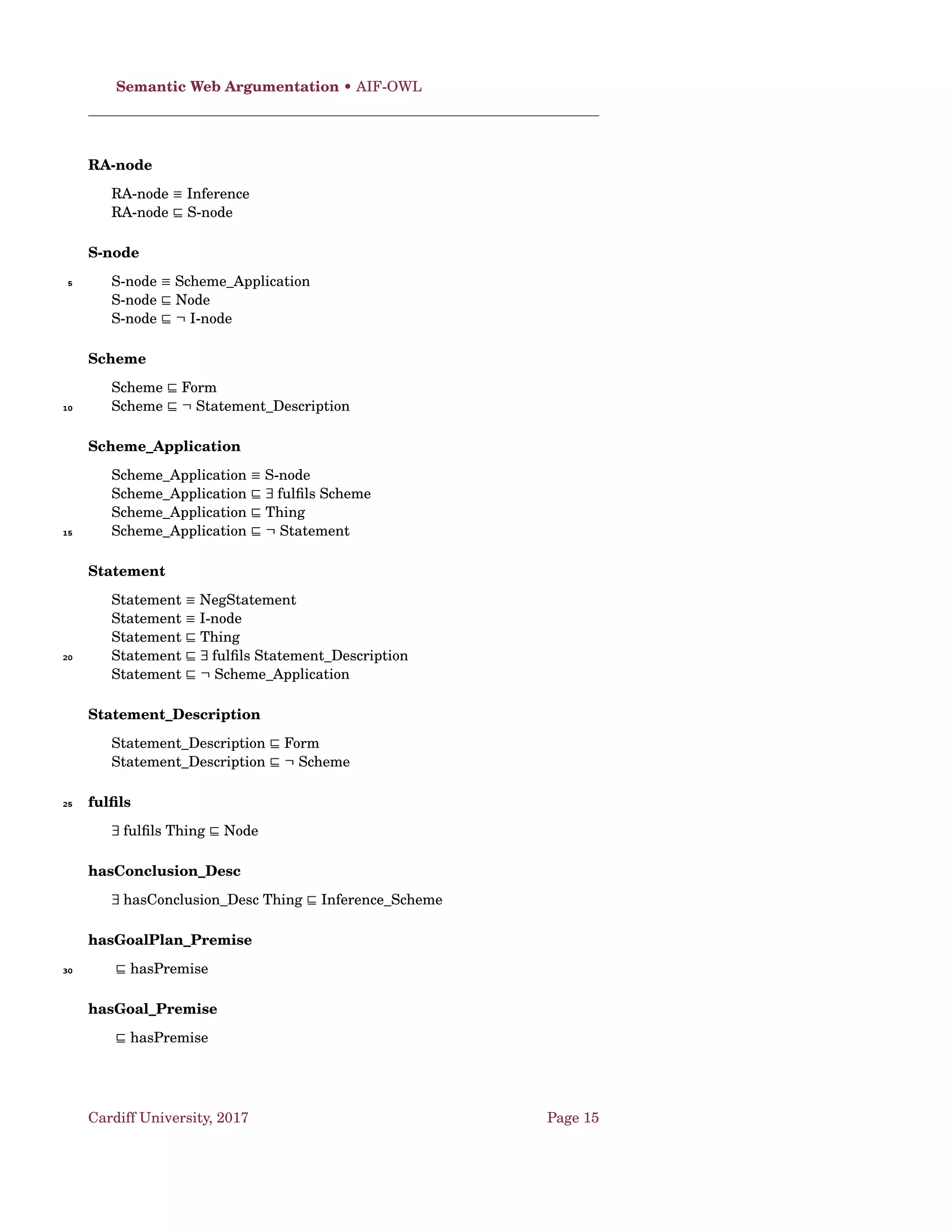 Dung’s AF • Decomposability and Transparancy [Bar+14]
σ = C O σ = GR σ = P R σ = S T
EXISTSσ trivial trivial trivial NP-c
CAσ NP-c polynomial NP-c NP-c
SAσ polynomial polynomial Π
p
2 -c coNP-c
VERσ polynomial polynomial coNP-c polynomial
NEσ NP-c polynomial NP-c NP-c
Table 1.2: Complexity of decision problems by argumentation semantics
[DW09]
1.5 Decomposability and Transparancy [Bar+14]
Deﬁnition 23. Given an argumentation framework AF = (A ,→),
a labelling-based semantics σ associates with AF a subset of L(AF), denoted
as Lσ(AF). ♠
Deﬁnition 24. Given AF = (A ,→) and a set Args ⊆ A , the input of Args, de-5
noted as Argsinp, is the set {B ∈ A Args | ∃A ∈ Args,(B, A) ∈→}, the condition-
ing relation of Args, denoted as ArgsR
, is deﬁned as → ∩(Argsinp ×Args). ♠
Deﬁnition 25. An argumentation framework with input is a tuple
(AF,I ,LI ,RI ), including an argumentation framework AF = (A ,→), a set
of arguments I such that I ∩A = , a labelling LI ∈ LI and a relation RI ⊆10
I ×A . A local function assigns to any argumentation framework with input a
(possibly empty) set of labellings of AF, i.e.
F(AF,I ,LI ,RI ) ∈ 2L(AF)
. ♠
Deﬁnition 26. Given an argumentation framework with input
(AF,I ,LI ,RI ), the standard argumentation framework w.r.t.15
(AF,I ,LI ,RI ) is deﬁned as AF = (A ∪I ,→ ∪R I ), where I = I ∪{A | A ∈
out(LI )} and R I = RI ∪{(A , A) | A ∈ out(LI )}∪{(A, A) | A ∈ undec(LI )}. ♠
Deﬁnition 27. Given a semantics σ, the canonical local function of σ (also
called local function of σ) is deﬁned as Fσ(AF,I ,LI ,RI ) = {Lab↓A | Lab ∈
Lσ(AF )}, where AF = (A ,→) and AF is the standard argumentation frame-20
work w.r.t. (AF,I ,LI ,RI ). ♠
Deﬁnition 28. A semantics σ is complete-compatible iff the following condi-
tions hold:
1. For any argumentation framework AF = (A ,→), every labelling L ∈
Lσ(AF) satisﬁes the following conditions:25
• if A ∈ A is initial, then L(A) = in
• if B ∈ A and there is an initial argument A which attacks B, then
L(B) = out
• if C ∈ A is self-defeating, and there are no attackers of C besides
C itself, then L(C) = undec30
2. for any set of arguments I and any labelling LI ∈ LI , the argumen-
tation framework AF = (I ,→ ), where I = I ∪{A | A ∈ out(LI )} and
→ = {(A , A) | A ∈ out(LI )}∪{(A, A) | A ∈ undec(LI )}, admits a (unique)
labelling, i.e. |Lσ(AF )| = 1. ♠
Cardiff University, 2017 Page 5
 
