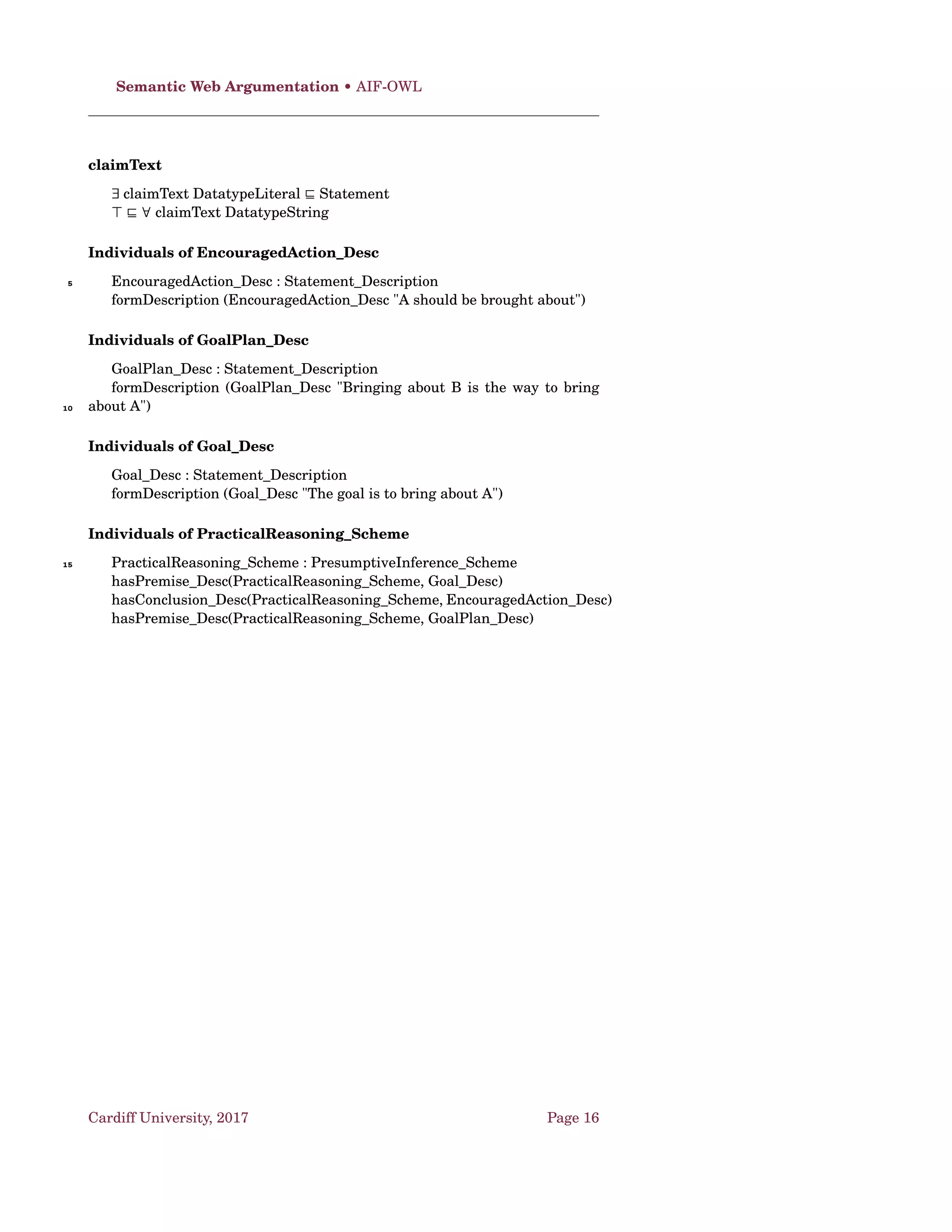 Dung’s AF • Decomposability and Transparancy [Bar+14]
Deﬁnition 29. A semantics σ is fully decomposable (or simply decomposable)
iff there is a local function F such that for every argumentation framework
AF = (A ,→) and every partition P = {P1,...Pn} of A , Lσ(AF) = U (P , AF,F)
where U (P , AF,F) {LP1 ∪ ... ∪ LPn |
LPi
∈ F(AF↓Pi
,Pi
inp,( j=1···n,j=i LPj
)↓
Pi
inp,Pi
R
)}. ♠5
Deﬁnition 30. A complete-compatible semantics σ is top-down decomposable
iff for any argumentation framework AF = (A ,→) and any partition P =
{P1,...Pn} of A , it holds that Lσ(AF) ⊆ U (P , AF,Fσ). ♠
Deﬁnition 31. A complete-compatible semantics σ is bottom-up decompos-
able iff for any argumentation framework AF = (A ,→) and any partition10
P = {P1,...Pn} of A , it holds that Lσ(AF) ⊇ U (P , AF,Fσ). ♠
C O S T GR P R
Full decomposability Yes Yes No No
Top-down decomposability Yes Yes Yes Yes
Bottom-up decomposability Yes Yes No No
Table 1.3: Decomposability properties of argumentation semantics.
Cardiff University, 2017 Page 6
 