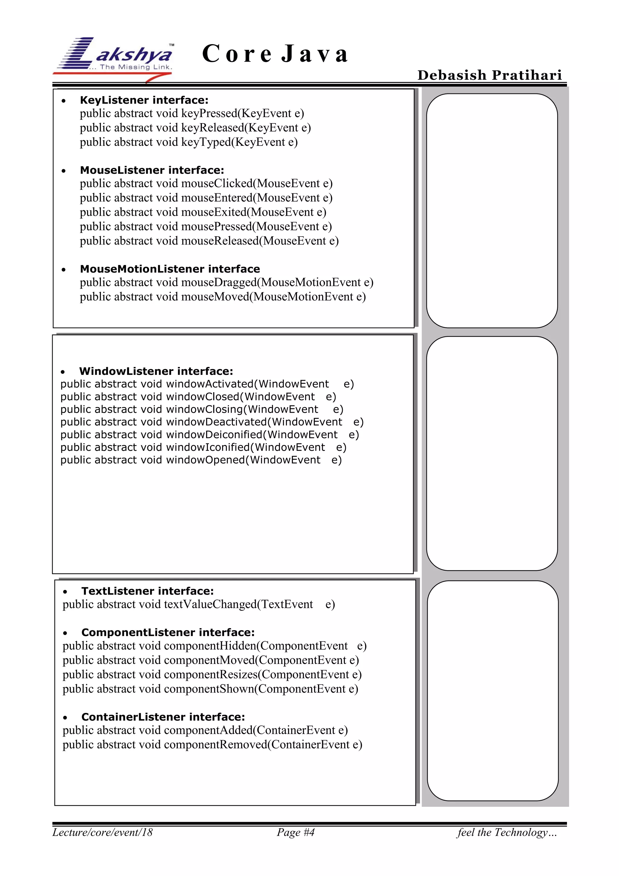 Core Java


Debasish Pratihari

KeyListener interface:

public abstract void keyPressed(KeyEvent e)
public abstract void keyReleased(KeyEvent e)
public abstract void keyTyped(KeyEvent e)


MouseListener interface:

public abstract void mouseClicked(MouseEvent e)
public abstract void mouseEntered(MouseEvent e)
public abstract void mouseExited(MouseEvent e)
public abstract void mousePressed(MouseEvent e)
public abstract void mouseReleased(MouseEvent e)


MouseMotionListener interface

public abstract void mouseDragged(MouseMotionEvent e)
public abstract void mouseMoved(MouseMotionEvent e)



WindowListener interface:

25%
public abstract void windowActivated(WindowEvent
public
public
public
public
public
public



abstract
abstract
abstract
abstract
abstract
abstract

void
void
void
void
void
void

e)
windowClosed(WindowEvent e)
windowClosing(WindowEvent e)
windowDeactivated(WindowEvent e)
windowDeiconified(WindowEvent e)
windowIconified(WindowEvent e)
windowOpened(WindowEvent e)

TextListener interface:

public abstract void textValueChanged(TextEvent


e)

ComponentListener interface:

public abstract void componentHidden(ComponentEvent e)
public abstract void componentMoved(ComponentEvent e)
public abstract void componentResizes(ComponentEvent e)
public abstract void componentShown(ComponentEvent e)


ContainerListener interface:

public abstract void componentAdded(ContainerEvent e)
public abstract void componentRemoved(ContainerEvent e)

Lecture/core/event/18

Page #4

feel the Technology…

 