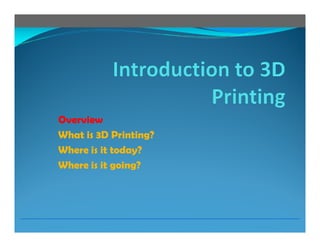 OverviewOverview
What is 3D Printing?
Where is it today?
Where is it going?
 