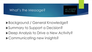 What’s the Message? 
Background / General Knowledge? 
Summary to Support a Decision? 
Deep Analysis to Drive a New Activity? 
Communicating new insights? 
 