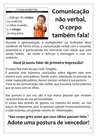 14 
Comunicação não verbal, 
O corpo também fala! 
Durante a apresentação, o multiplicador ou facilitador deve combinar de forma eficaz a comunicação verbal com a corporal, postando-se e gesticulando em harmonia com aquilo que está sendo falado, de modo a reforçar a mensagem e criar um contexto. 
Você já ouviu falar de primeira impressão? 
O corpo fala mais do que você imagina. 
É possível tirar inúmeras conclusões sobre alguém sem nem mesmo ouvir uma palavra. Sendo assim, sobretudo as pessoas de maior exposição pública, devem atentar sempre à sua postura. 
Trata-se da comunicação não-verbal, que funciona como palavras que se ouve com os olhos. 
Sua postura e sua voz são a sua marca pessoal que revelam características de sua personalidade. 
O corpo fala através de gestos, na maneira de andar, ou nos traços da fisionomia, pois as pessoas captam inconscientemente, a cada instante, um grande volume de informações. 
“Seu corpo grita antes que seus lábios possam falar.” 
Adote uma postura de vencedor!  