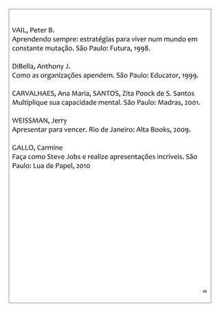 48 
VAIL, Peter B. 
Aprendendo sempre: estratégias para viver num mundo em constante mutação. São Paulo: Futura, 1998. 
DiBella, Anthony J. 
Como as organizações apendem. São Paulo: Educator, 1999. 
CARVALHAES, Ana Maria, SANTOS, Zita Poock de S. Santos 
Multiplique sua capacidade mental. São Paulo: Madras, 2001. 
WEISSMAN, Jerry 
Apresentar para vencer. Rio de Janeiro: Alta Books, 2009. 
GALLO, Carmine 
Faça como Steve Jobs e realize apresentações incríveis. São Paulo: Lua de Papel, 2010 
