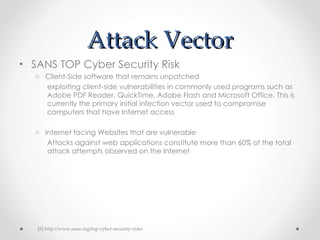 Attack Vector ,[object Object],[object Object],[object Object],[object Object],[object Object],[8]  http://www.sans.org/top-cyber-security-risks 