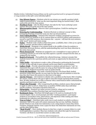 4 | Kevin Yee | drkevinyee@gmail.com
Creative Commons BY-NC-SA – OK to use and remix if non-commercial, must credit me and use same CC license.
Student Action: Individual (many of these can be used as partnerwork or groupwork instead;
or may escalate to that after some individual effort)
43. One-Minute Papers – Students write for one minute on a specific question (which
might be generalized to “what was the most important thing you learned today”). Best
used at the end of the class session.
44. Muddiest Point – Like the Minute Paper, but asks for the “most confusing” point
instead. Best used at the end of the class session.
45. Misconception Check – Discover class’s preconceptions. Useful for starting new
chapters.
46. Drawing for Understanding – Students illustrate an abstract concept or idea.
Comparing drawings around the room can clear up misconceptions.
47. Turn Taking Reading – Instead of the instructor reading a paragraph on screen (or
leaving silence for students to do it), instruct them we will sit in silence until someone is
moved to read ONE sentence, then someone else – anyone – will start the next sentence.
Adds “good” tension and raises energy.
48. Haiku – Students write a haiku (a three-line poem: 5-syllables, then 7, then 5) on a given
topic or concept, and then share it with others.
49. Media Break – Designate a two minute break in the middle of class for students to
check their electronic devices, with the understanding they won’t use them otherwise in
the entire class period.
50. Photo Homework – Students are assigned to use a smartphone to snap a picture of
something at home (or out in the city) that captures a specific concept from the class, as
assigned by the teacher.
51. Board of Artwork – Post publicly the collected drawings / abstract concepts that
students turned in for a previous activity and create an opportunity for discussion and
debrief.
52. Video Selfie – Ask students to make a video of themselves performing the homework
(or lab), as they will take it more seriously and be more likely to avoid mistakes.
53. Gallery Walk – Provide colored dot stickers to students and ask them to “vote” on
statements they agree with the most, by using up their limited dot supply on the pre-
written topics displayed around the room on poster boards.
54. Circle the Questions – Pre-make a handout that has a few dozen likely student
questions (make them specific) on your topic for that day and ask students to circle the
ones they don’t know the answers to, then turn in the paper.
55. Ask the Winner – Ask students to silently solve a problem on the board. After revealing
the answer, instruct those who got it right to raise their hands (and keep them raised);
then, all other students are to talk to someone with a raised hand to better understand the
question and how to solve it next time.
56. What’s the Principle – After recognizing the problem, students assess what principle
to apply in order to solve it. Helps focus on problem TYPES rather than individual
specific problems. Principle(s) should be listed out.
57. Infographic – Students use online services (visual.ly, infogr.am) to create an
infographic that combines flowchart logic and visual presentation
58. Bookmark Notes - Distribute full-length paper to be used as a bookmark for the
current chapter. On it, record prompts and other “reading questions”, and require
students to record their notes, observations, and objections while reading onto these
bookmarks for collection and discussion in class.
59. True or False? – Distribute index cards (one to each student) on which is written a
statement. Half of the cards will contain statements that are true, half false. Students
decide if theirs is one of the true statements or not, using whatever means they desire.
Variation: designate half the room a space for those who think their statements are true,
and the other half for false.
60. “Real-World” – Have students discuss in class how a topic or concept relates to a real-
world application or product. Then have students write about this topic for homework.
Variation: ask them to record their answer on index cards.
 
