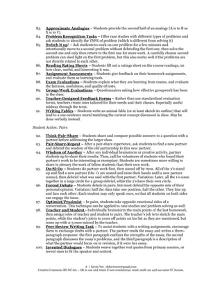 6 | Kevin Yee | drkevinyee@gmail.com
Creative Commons BY-NC-SA – OK to use and remix if non-commercial, must credit me and use same CC license.
83. Approximate Analogies – Students provide the second half of an analogy (A is to B as
X is to Y).
84. Problem Recognition Tasks – Offer case studies with different types of problems and
ask students to identify the TYPE of problem (which is different from solving it)
85. Switch it up! – Ask students to work on one problem for a few minutes and
intentionally move to a second problem without debriefing the first one, then solve the
second one and only then return to the first one for more work. A carefully chosen second
problem can shed light on the first problem, but this also works well if the problems are
not directly related to each other.
86. Reading Rating Sheets – Students fill out a ratings sheet on the course readings, on
how clear, useful, and interesting it was.
87. Assignment Assessments – Students give feedback on their homework assignments,
and evaluate them as learning tools.
88. Exam Evaluations – Students explain what they are learning from exams, and evaluate
the fairness, usefulness, and quality of tests.
89. Group-Work Evaluations – Questionnaires asking how effective groupwork has been
in the class.
90. Teacher-Designed Feedback Forms – Rather than use standardized evaluation
forms, teachers create ones tailored for their needs and their classes. Especially useful
midway through the term.
91. Writing Fables – Students write an animal fable (or at least sketch its outline) that will
lead to a one-sentence moral matching the current concept discussed in class. May be
done verbally instead.
Student Action: Pairs
92. Think-Pair-Share – Students share and compare possible answers to a question with a
partner before addressing the larger class.
93. Pair-Share-Repeat – After a pair-share experience, ask students to find a new partner
and debrief the wisdom of the old partnership to this new partner.
94. Wisdom of Another – After any individual brainstorm or creative activity, partner
students up to share their results. Then, call for volunteers of students who found their
partner’s work to be interesting or exemplary. Students are sometimes more willing to
share in plenary the work of fellow students than their own work.
95. Do-Si-Do – Students do partner work first, then sound off by twos. All of the 2’s stand
up and find a new partner (the 1’s are seated and raise their hands until a new partner
comes), then debrief what was said with the first partner. Variation: Later, all the 1’s come
together in a large circle for a group debrief, while the 2’s have their own circle.
96. Forced Debate – Students debate in pairs, but must defend the opposite side of their
personal opinion. Variation: half the class take one position, half the other. They line up
and face each other. Each student may only speak once, so that all students on both sides
can engage the issue.
97. Optimist/Pessimist – In pairs, students take opposite emotional sides of a
conversation. This technique can be applied to case studies and problem solving as well.
98. Teacher and Student - Individually brainstorm the main points of the last homework,
then assign roles of teacher and student to pairs. The teacher’s job is to sketch the main
points, while the student’s job is to cross off points on his list as they are mentioned, but
come up with 2-3 ones missed by the teacher.
99. Peer Review Writing Task – To assist students with a writing assignments, encourage
them to exchange drafts with a partner. The partner reads the essay and writes a three-
paragraph response: the first paragraph outlines the strengths of the essay, the second
paragraph discusses the essay’s problems, and the third paragraph is a description of
what the partner would focus on in revision, if it were her essay.
100. Invented Dialogues – Students weave together real quotes from primary sources, or
invent ones to fit the speaker and context.
 