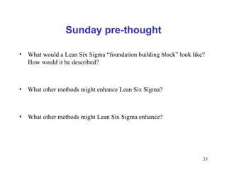 33
Sunday pre-thought
• What would a Lean Six Sigma “foundation building block” look like?
How would it be described?
• What other methods might enhance Lean Six Sigma?
• What other methods might Lean Six Sigma enhance?
 