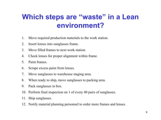 9
Which steps are “waste” in a Lean
environment?
1. Move required production materials to the work station.
2. Insert lenses into sunglasses frame.
3. Move filled frames to next work station.
4. Check lenses for proper alignment within frame.
5. Paint frames.
6. Scrape excess paint from lenses.
7. Move sunglasses to warehouse staging area.
8. When ready to ship, move sunglasses to packing area.
9. Pack sunglasses in box.
10. Perform final inspection on 1 of every 40 pairs of sunglasses.
11. Ship sunglasses.
12. Notify material planning personnel to order more frames and lenses.
 