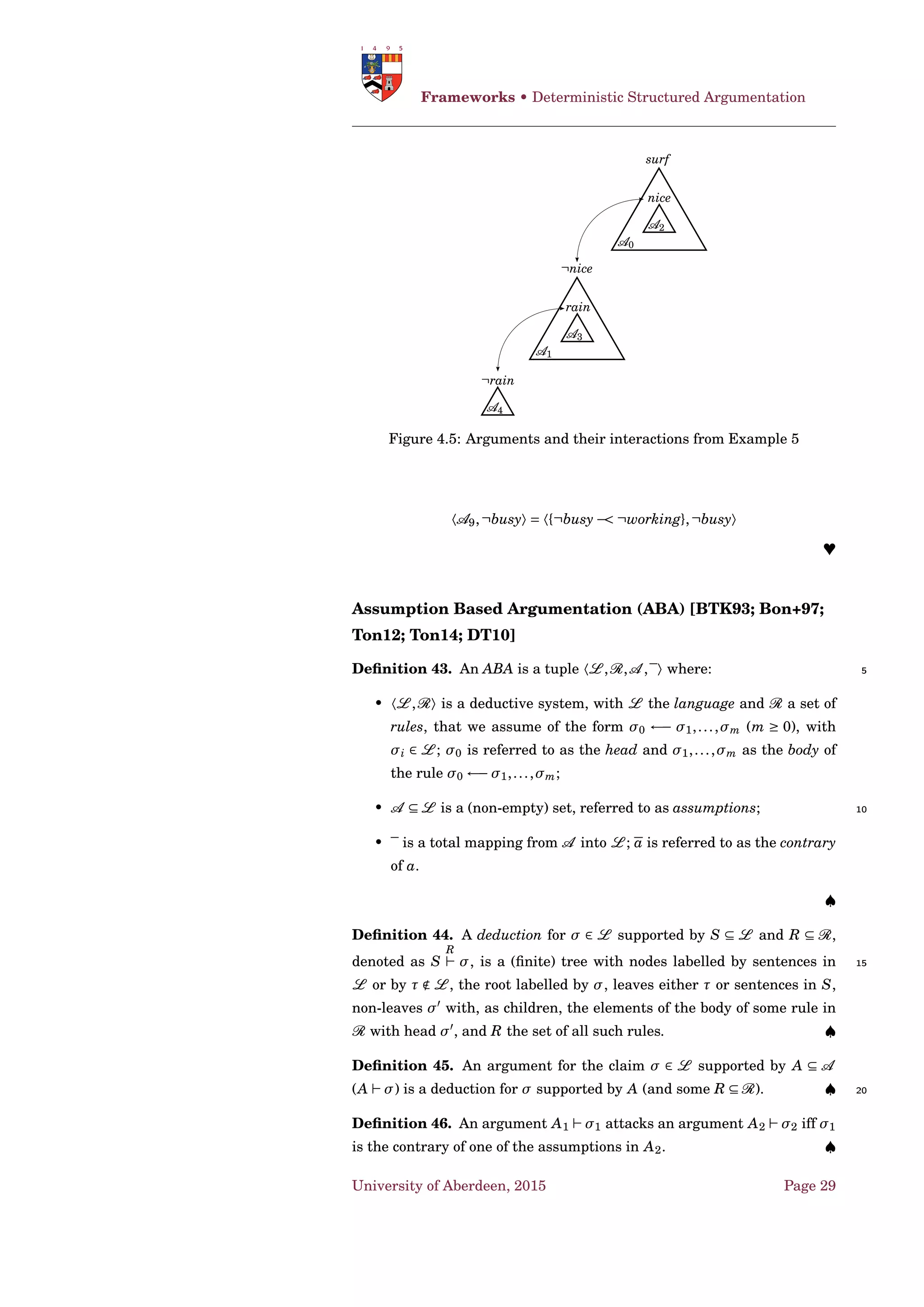 Semantic Web Argumentation • AIF-OWL
Practical
Inference
Bringing about
is my goal
Sn
Si
In order to bring about
I need to bring about
Sn
Therefore I need
to bring about Si
hasConcDeschasPremiseDesc
hasPremiseDesc
Bringing about being rich
is my goal
In order to bring about being rich
I need to bring about having a job
fulfilsPremiseDesc
fulfilsPremiseDesc
fulfilsScheme
supports
supports
Therefore I need
to bring about
having a job
hasConclusion
fulfils
Figure 3.2: An argument network linking instances of argument and
scheme components
Symmetric attack
r → p
r pMP2
A1
A2
p → q
p
qMP1
neg1
Undercut attack
r MP2
A3
A2 s → v
s
vMP1
cut1
p
r → p
Figure 3.3: Examples of conﬂicts [Rah+11, Fig. 2]
claimText (___jobArgConclusion "Therefore I need to bring about hav-
ing a job")
___jobArgGoal : Goal_Statement
fulﬁls(___jobArgGoal, Goal_Desc)
claimText (___jobArgGoal "Bringing about being rich is my goal") 5
___jobArgGoalPlan : GoalPlan_Statement
fulﬁls(___jobArgGoalPlan, GoalPlan_Desc)
claimText (___jobArgGoalPlan "In order to bring about being rich I
need to bring about having a job")
University of Aberdeen, 2015 Page 19
 