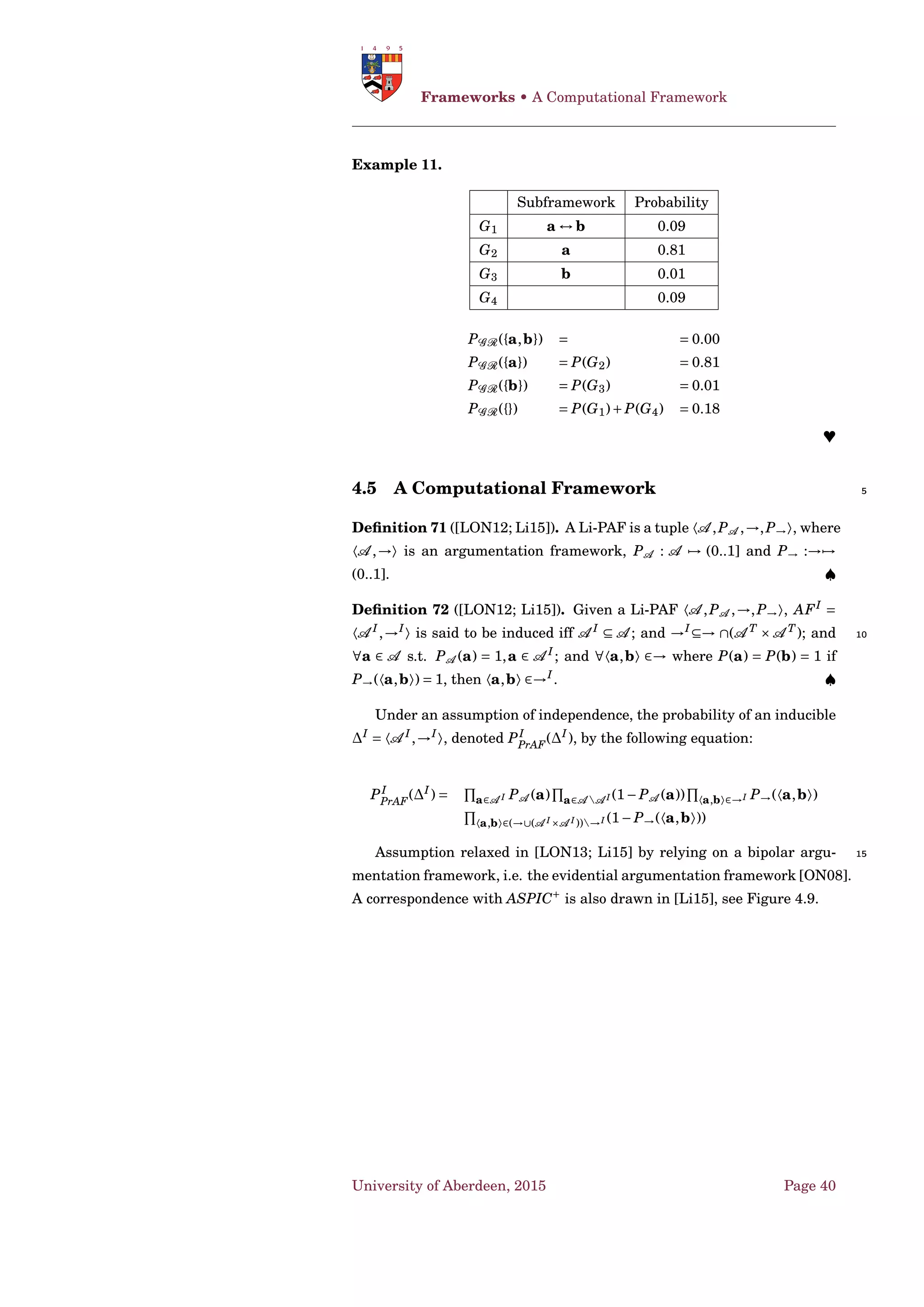 Frameworks • Deterministic Structured Argumentation
• and there is no proper subset A ⊂ A such that A satisﬁes (1) and
(2). ♠
Deﬁnition 41. An argument 〈B,S〉 is a counter-argument for 〈A ,H〉 at
literal P, if there exists a sub-argument 〈C ,P〉 of 〈A ,H〉 such that P
and S disagree, that is, there exist two contradictory literals that have a 5
strict derivation from Π∪{S,P}. The literal P is referred as the counter-
argument point and 〈C ,P〉 as the disagreement sub-argument. ♠
Let assume an argument comparison criterion .
Deﬁnition 42. Let 〈B,S〉 be a counter-argument for 〈A ,H〉 at point P,
and 〈C ,P〉 the disagreement sub-argument. 10
If 〈B,S〉 〈C ,P〉, then 〈B,S〉 is a proper defeater for 〈A ,H〉.
If 〈B,S〉 〈C ,P〉 and 〈C ,P〉 〈B,S〉, then 〈B,S〉 is a blocking de-
feater for 〈A ,H〉.
〈B,S〉 is a defeater for 〈A ,H〉 if 〈B,S〉 is either a proper or blocking
defeater for 〈A ,H〉. ♠ 15
Example 5. Let 〈Π1,∆1〉 be a DeLP-program such that:
Π1 =



monday
cloudy
dry_season
waves
grass_grown
hire_gardener
vacation
¬working ←− vacation
few_surfers ←− ¬many_surfers
¬surf ←− ill



∆1 =



surf −< nice,spare_time
nice −< waves
spare_time −< ¬busy
¬busy −< ¬working
¬nice −< rain
rain −< cloudy
¬rain −< dry_season
...



From 〈Π1,∆1〉, these are some arguments that can be derived:
〈A0,surf〉 =



surf −< nice,spare_time
nice −< waves
spare_time −< ¬busy
¬busy −< ¬working



,surf
〈A1,¬nice〉 = 〈{¬nice −< rain; rain −< cloudy},¬nice〉 20
〈A2,nice〉 = 〈{nice −< waves},nice〉
〈A3,rain〉 = 〈{rain −< cloudy},rain〉
〈A4,¬rain〉 = 〈{¬rain −< dry_season},¬rain〉
University of Aberdeen, 2015 Page 28
 