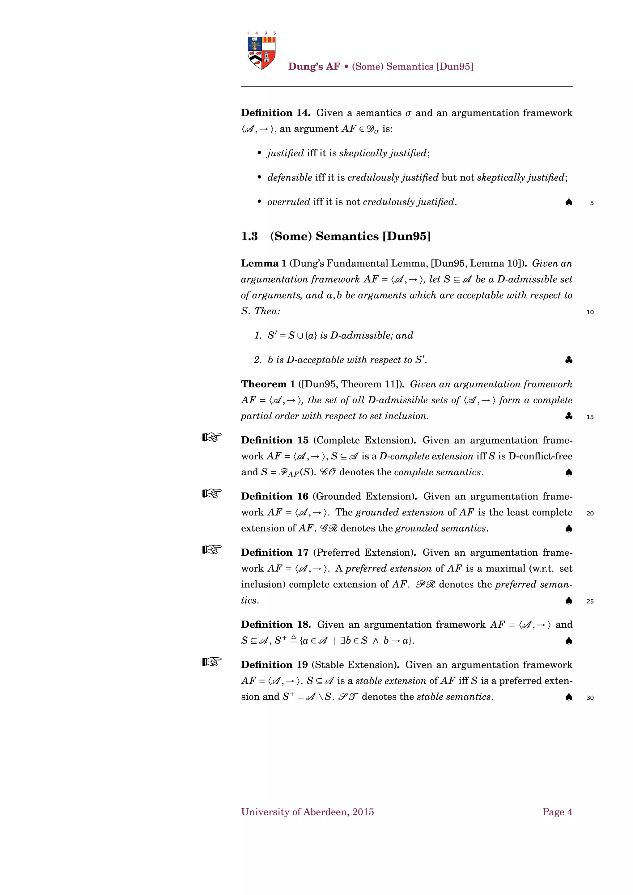 Dung’s AF • Acceptability of Arguments [PV02; BG09a]
a is D-acceptable w.r.t. S. The set of all the D-admissible sets of AF is
denoted as AS (AF). ♠
Dσ = {AF|Eσ(AF) = }
Deﬁnition 5. 