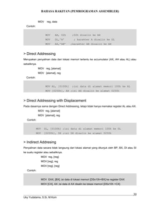 BAHASA RAKITAN (PEMROGRAMAN ASSEMBLER)
MOV reg, data
Contoh:
MOV AH, 02h ;02h disalin ke AH
MOV DL,’A’ ; karakter A disalin ke DL
MOV AX,’AB’ ;karakter AB disalin ke AX
> Direct Addressing
Merupakan penyalinan data dari lokasi memori tertentu ke accumulator (AX, AH atau AL) atau
sebaliknya.
MOV reg, [alamat]
MOV [alamat], reg
Contoh:
MOV AL, [0100h] ;isi data di alamat memori 100h ke AL
MOV [0250h], AX ;isi AX disalin ke alamat 0250h
> Direct Addressing with Displacement
Pada dasarnya sama dengan Direct Addressing, tetapi tidak hanya memakai register AL atau AX.
MOV reg, [alamat]
MOV [alamat], reg
Contoh:
MOV DL, [0100h] ;isi data di alamat memori 100h ke DL
MOV [0250h], DX ;isi DX disalin ke alamat 0250h
> Indirect Addresing
Penyalinan data secara tidak langsung dari lokasi alamat yang ditunjuk oleh BP, BX, DI atau SI
ke suatu register atau sebaliknya.
MOV reg, [reg]
MOV [reg], reg
MOV [reg], [reg]
Contoh:
MOV EAX, [BX] ;isi data di lokasi memori [DSx10h+BX] ke register EAX
MOV [CX], AX ;isi data di AX disalin ke lokasi memori [DSx10h +CX}
Uky Yudatama, S.Si, M.Kom
30
 
