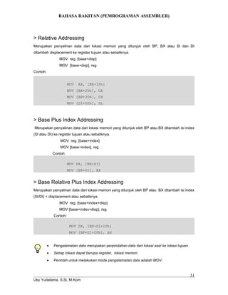 BAHASA RAKITAN (PEMROGRAMAN ASSEMBLER)
> Relative Addressing
Merupakan penyalinan data dari lokasi memori yang ditunjuk oleh BP, BX atau SI dan DI
ditambah displacement ke register tujuan atau sebaliknya.
MOV reg, [base+disp]
MOV [base+disp], reg
Contoh:
MOV AX, [BX+10h]
MOV [BX+20h], CX
MOV [BP+30h], CH
MOV [DI+50h], DL
> Base Plus Index Addressing
Merupakan penyalinan data dari lokasi memori yang ditunjuk oleh BP atau BX ditambah isi index
(SI atau DI) ke register tujuan atau sebaliknya.
MOV reg, [base+index]
MOV [base+index], reg
Contoh:
MOV DX, [BX+SI]
MOV [BP+DI], AX
> Base Relative Plus Index Addressing
Merupakan penyalinan data dari lokasi memori yang ditunjuk oleh BP atau BX ditambah isi index
(SI/DI) + displacement atau sebaliknya.
MOV reg, [base+index+disp]
MOV [base+index+disp], reg
Contoh:
MOV DX, [BX+SI+10h]
MOV [BP+DI+20h], AX
• Pengalamatan data merupakan perpindahan data dari lokasi asal ke lokasi tujuan.
• Setiap lokasi dapat berupa register, lokasi memori.
• Perintah untuk melakukan mode pengalamatan data adalah MOV.
Uky Yudatama, S.Si, M.Kom
31
 