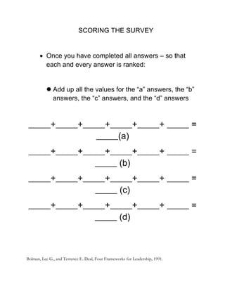 SCORING THE SURVEY


       • Once you have completed all answers – so that
         each and every answer is ranked:


           Add up all the values for the “a” answers, the “b”
            answers, the “c” answers, and the “d” answers



      +     +     +     +     +       =
                     (a)
      +     +     +     +     +       =
                      (b)
      +     +     +     +     +       =
                      (c)
      +     +     +     +     +       =
                      (d)



Bolman, Lee G., and Terrence E. Deal, Four Frameworks for Leadership, 1991.
 