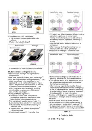 • Color saliency or color identification?
• The blindsight monkey responded to color
saliency.
• What is it like to be blindsight?
• Dual system for conscious vision and saliency.
3-5. Sensorimotor contingency theory
• Standard view: Seeing is making an internal
representation
• New view: Seeing is knowing about things to do
22
• Alva Noe’s Sensorimotor contingency theory
23
: “An
object looms larger in the visual field as we
approach it, and its profile deforms as we move
about it. As perceivers we are masters of this sort
of pattern of sensorimotor dependence. … our
ability to perceive not only depends on, but is
constituted by, our possession of this sort of
sensorimotor knowledge.”
• Hurley and Noë’s argument
24
:
• Based on Enactive view, sensorimotor
contingency, rather than brain region, is the
determinant of conscious experience.
• This is empirically testable. sensory input ? (=>
Externalism) or brain activity? (=> Internalism)
• Phantom limb: the case for brain activity =>
Internalist view
• Inverted glass: the case for sensory input
25
=>Externalist view
• What occurs in blindsight? - internalist view
• V1 activity and SC activity evoke different kinds of
conscious experience. In normal vision,
‘feeling-of-something’ caused by SC activity is
masked by ‘vivid red experience’ caused by V1
activity.
• Just after the lesion, ‘feeling-of-something’ is
unmasked.
• After recovery, ‘feeling-of-something’ can be
stronger as the SC activity get stronger.
• What occurs in blindsight? - externalist view:
• Sensorimotor contingency is formed in the V1
pathway, which causes ‘vivid red experience’.
• Just after the lesion, SC is not functional. Since
the subject has no sensorimotor contingency,
he/she has no experience.
• After recovery, expanded availability of visual
information (= altered sensorimotor contingency)
in the SC pathway causes ’feeling-of-something’.
It is different from normal experience because of
limited availability of visual information.
• The case of blindsight may support the externalist
view because blindsight is not available just after
the lesion.
• We can devise empirical tests to validate it.
• Is it possible to induce ‘feeling-of-something’ in
normal subjects if we transiently suppress V1?
• Is it possible to abolish ‘feeling-of-something’ in
blindsight subjects if we transiently suppress SC?
PART 2
4. Predictive Brain
4-1. アクティブ・ビジョン
 