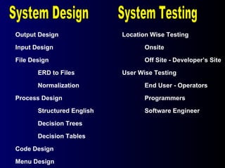 System Design Output Design Input Design File Design ERD to Files Normalization Process Design Structured English Decision Trees Decision Tables Code Design Menu Design System Testing Location Wise Testing Onsite Off Site - Developer’s Site User Wise Testing End User - Operators Programmers Software Engineer 