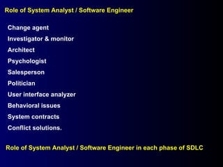 Change agent Investigator & monitor Architect Psychologist Salesperson Politician User interface analyzer Behavioral issues System contracts Conflict solutions. Role of System Analyst / Software Engineer Role of System Analyst / Software Engineer in each phase of SDLC 