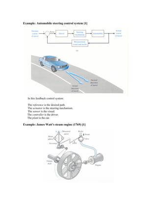 Example: Automobile steering control system [1]
In this feedback control system:
The reference is the desired path.
The actuator is the steering mechanism.
The sensor is the visual.
The controller is the driver.
The plant is the car.
Example: James Watt’s steam engine (1769) [1]
 