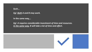 Both…
Eg) Both A and B may work.
Eg) A requires considerable investment of time and resources.
In the same way, B will take a lot of time and effort.
In the same way,…
 