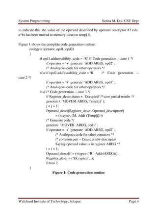 System Programming Sunita M. Dol, CSE Dept
Walchand Institute of Technology, Solapur Page 4
to indicate that the value of the operand described by operand descriptor #3 (viz.
a*b) has been moved to memory location temp[1].
Figure 1 shows the complete code generation routine.
codegen(operator, opd1, opd2)
{
if opd1.addressability_code = ‘R’ /* Code generation -- case 1 */
if operator = ‘+’ generate ‘ADD AREG, opd2’ ;
/* Analogous code for other operators */
else if opd2.addressability_code = ‘R’ /* Code generation --
case 2 */
if operator = ‘+’ generate ‘ADD AREG, opd1’ ;
/* Analogous code for other operators */
else /* Code generation -- case 3 */
if Register_descr.status = ‘Occupied’ /*save partial results */
generate ( ‘MOVEM AREG, Temp[j]’ );
j = j + 1;
Operand_descr[Register_descr. Operand_descriptor#]
= (<type>, (M, Addr (Temp[j])))
/* Generate code */
generate ‘MOVER AREG, opd1’ ;
if operator = ‘+’ generate ‘ADD AREG, opd2’ ;
/* Analogous code for other operators */
/* common part – Create a new descriptor
Saying operand value is in register AREG */
i = i + 1;
Operand_descr[i] = (<type>,(‘R’, Addr(AREG)));
Register_descr = (‘Occupied’, i);
return i;
}
Figure 1: Code generation routine
 