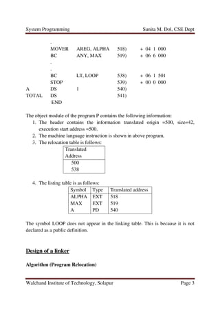 System Programming Sunita M. Dol, CSE Dept
Walchand Institute of Technology, Solapur Page 3
.
MOVER AREG, ALPHA 518) + 04 1 000
BC ANY, MAX 519) + 06 6 000
.
.
BC LT, LOOP 538) + 06 1 501
STOP 539) + 00 0 000
A DS 1 540)
TOTAL DS 541)
END
The object module of the program P contains the following information:
1. The header contains the information translated origin =500, size=42,
execution start address =500.
2. The machine language instruction is shown in above program.
3. The relocation table is follows:
Translated
Address
500
538
4. The listing table is as follows:
Symbol Type Translated address
ALPHA
MAX
A
EXT
EXT
PD
518
519
540
The symbol LOOP does not appear in the linking table. This is because it is not
declared as a public definition.
Design of a linker
Algorithm (Program Relocation)
 