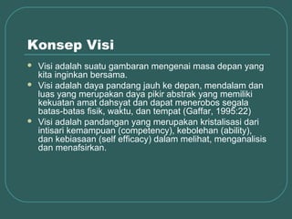Konsep Visi
   Visi adalah suatu gambaran mengenai masa depan yang
    kita inginkan bersama.
   Visi adalah daya pandang jauh ke depan, mendalam dan
    luas yang merupakan daya pikir abstrak yang memiliki
    kekuatan amat dahsyat dan dapat menerobos segala
    batas-batas fisik, waktu, dan tempat (Gaffar, 1995:22)
   Visi adalah pandangan yang merupakan kristalisasi dari
    intisari kemampuan (competency), kebolehan (ability),
    dan kebiasaan (self efficacy) dalam melihat, menganalisis
    dan menafsirkan.
 