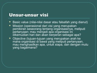 Unsur-unsur visi
   Basic value (nilai-nilai dasar atau falsafah yang dianut)
   Mission (operasional dari visi yang merupakan
    pemikiran seseorang tentang organisasinya, meliputi
    pertanyaan; mau menjadi apa organisasi ini
    dikemudian hari dan akan berperan sebagai apa?
   Objective (tujuan-tujuan yang merupakan arah ke
    mana organisasi di bawa yang meliputi pertanyaan,
    mau menghasilkan apa, untuk siapa, dan dengan mutu
    yang bagaimana?
 