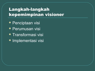 Langkah-langkah
kepemimpinan visioner
 Penciptaanvisi
 Perumusan visi

 Transformasi visi

 Implementasi visi
 