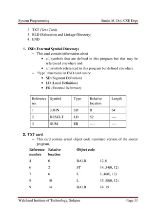 System Programming Sunita M. Dol, CSE Dept
Walchand Institute of Technology, Solapur Page 11
2. TXT (Text Card)
3. RLD (Relocation and Linkage Directory)
4. END
1. ESD (External Symbol Directory)
– This card contain information about
• all symbols that are defined in this program but that may be
referenced elsewhere and
• all symbols referenced in this program but defined elsewhere
– ‘Type’ mnemonic in ESD card can be
• SD (Segment Definition)
• LD (Local Definition)
• ER (External Reference)
Reference
no.
Symbol Type Relative
location
Length
1 JOHN SD 0 64
2 RESULT LD 52 ----
3 SUM ER ---- ----
2. TXT card
– This card contain actual object code translated version of the source
program.
Reference
number
Relative
location
Object code
4 0 BALR 12, 0
6 2 ST 14, 54(0, 12)
7 6 L 1, 46(0, 12)
8 10 L 15, 58(0, 12)
9 14 BALR 14, 15
 