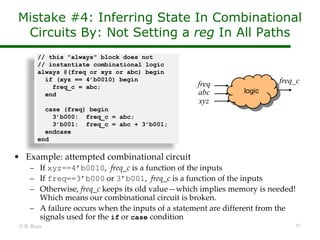 // this "always" block does not
// instantiate combinational logic
always @(freq or xyz or abc) begin
if (xyz == 4’b0010) begin
freq_c = abc;
end
case (freq) begin
3’b000: freq_c = abc;
3’b001: freq_c = abc + 3’b001;
endcase
end
© B. Baas 87
• Example: attempted combinational circuit
– If xyz==4’b0010, freq_c is a function of the inputs
– If freq==3’b000 or 3’b001, freq_c is a function of the inputs
– Otherwise, freq_c keeps its old value—which implies memory is needed!
Which means our combinational circuit is broken.
– A failure occurs when the inputs of a statement are different from the
signals used for the if or case condition
Mistake #4: Inferring State In Combinational
Circuits By: Not Setting a reg In All Paths
freq_c
logic
abc
xyz
freq
 