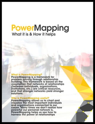 PowerMapping
What is PowerMapping?
PowerMapping is a framework for
problem solving through relationship
building. This framework is based on the
assumption that networks of relationships
(between individuals, organizations,
institutions, etc.) are critical resources,
and that stronger networks yield stronger
solutions.
Why is PowerMapping useful?
PowerMapping allows us to chart and
visualize the most important individuals
and organizations connected to our
cause. Many times we don't realize how
powerful our personal network is.
PowerMapping helps us see how to
harness the power of relationships
What it is & How it helps
 