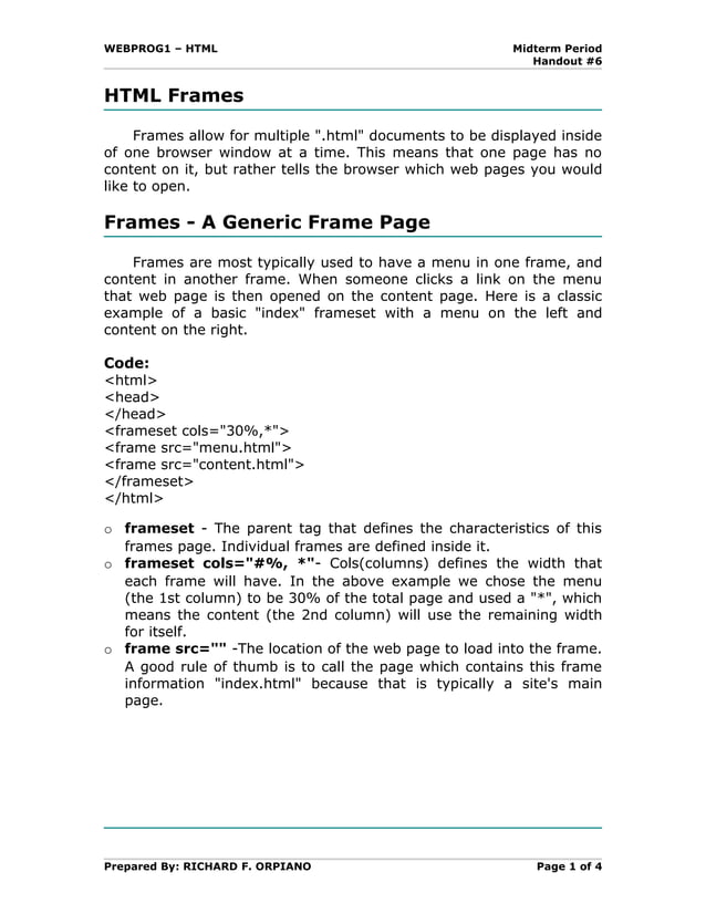 Handout6 html frames | DOC | Web Design and HTML | Internet